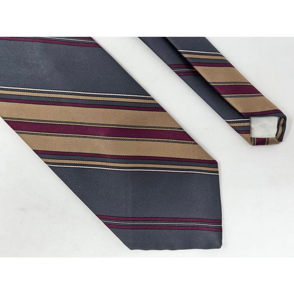 LANVIN PARIS SILK TIE GRAY TAN MAROON STRIPE VINTAGE SMOOTH 3.5" X 57"